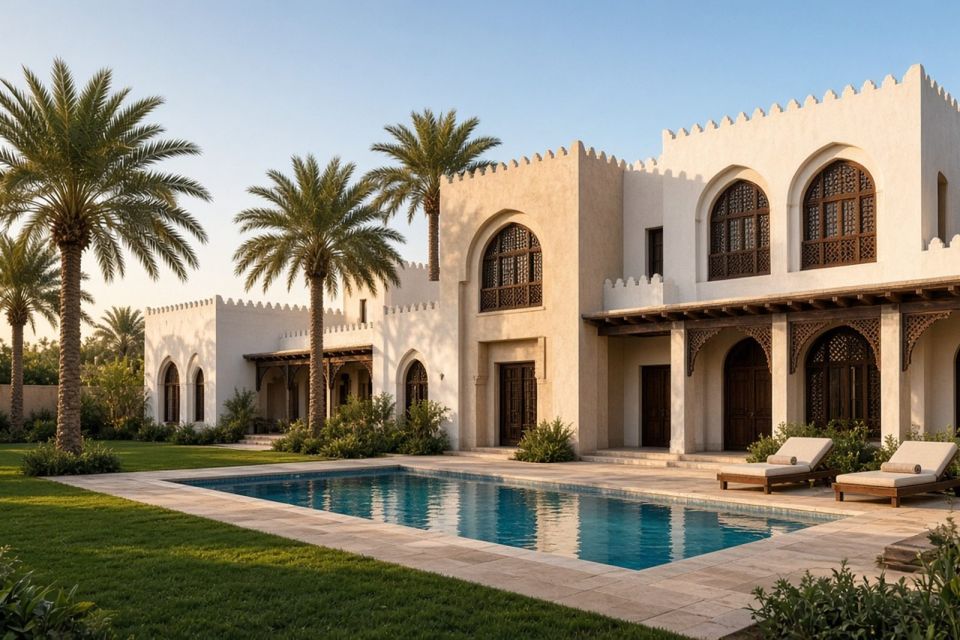 Villa back garden with private pool and palms