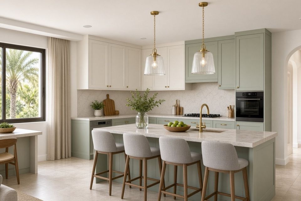 Open-plan townhouse kitchen with breakfast bar