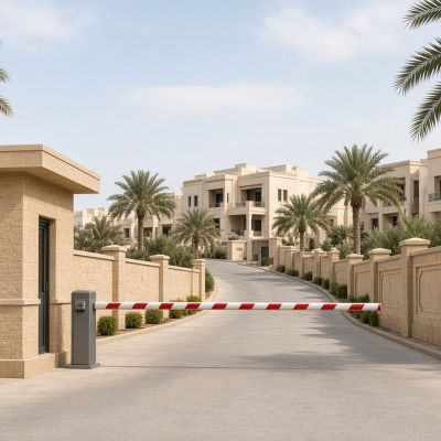 Gated entrance with security booth and barrier