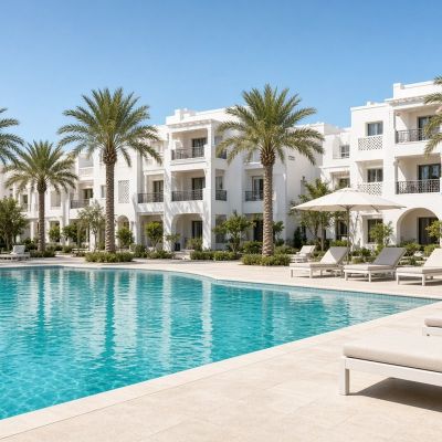 Community pool with loungers and palms